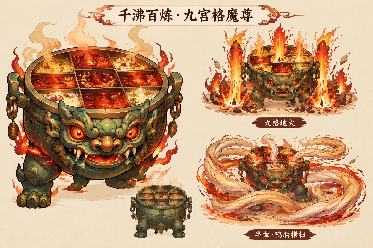 千沸百炼九宫格魔尊：铜锅巨兽、九格地火与鸭肠触手攻击