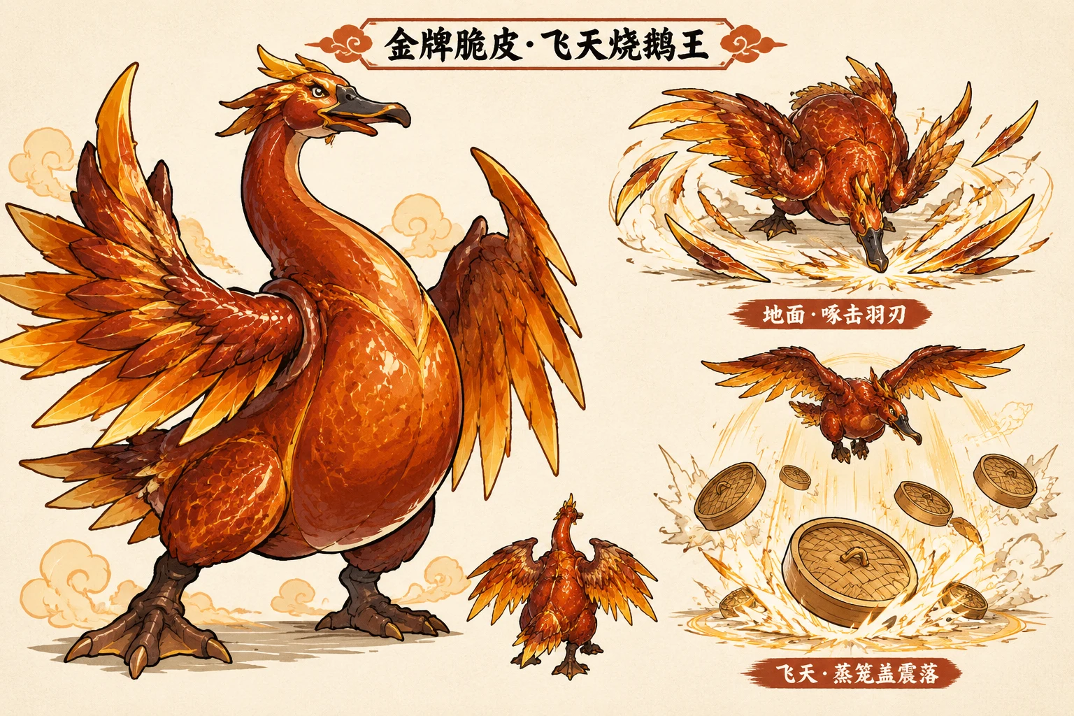 金牌脆皮飞天烧鹅王：烧鹅巨兽、地面羽刃与飞天蒸笼盖震落
