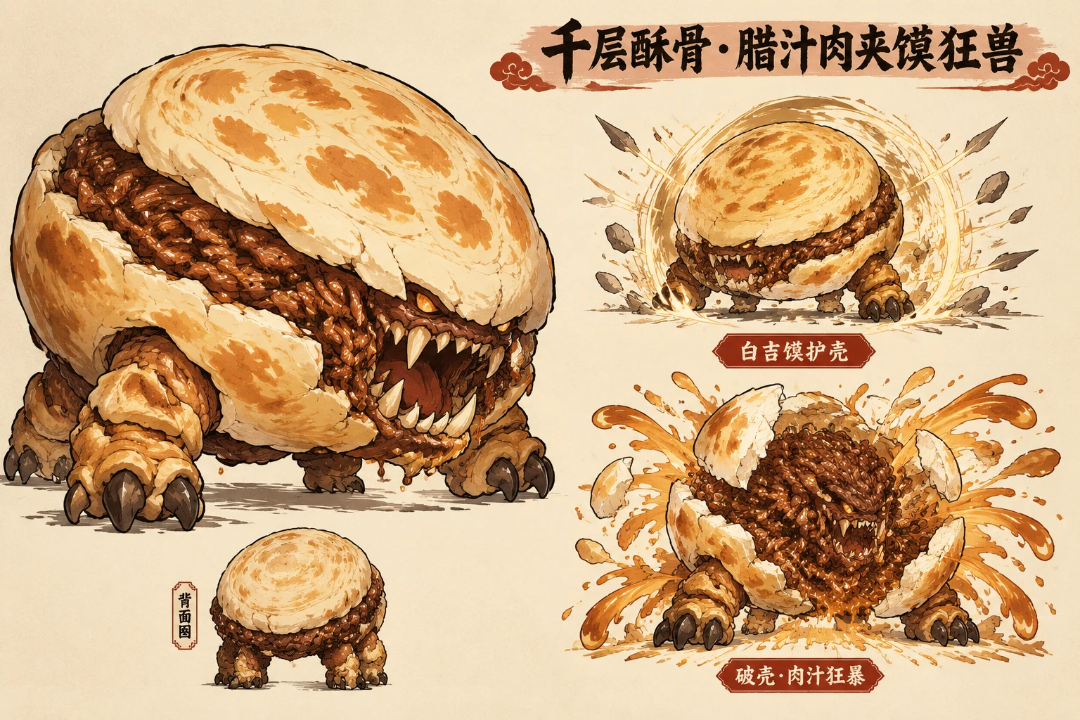 千层酥骨腊汁肉夹馍狂兽：白吉馍护壳与破壳肉汁狂暴阶段